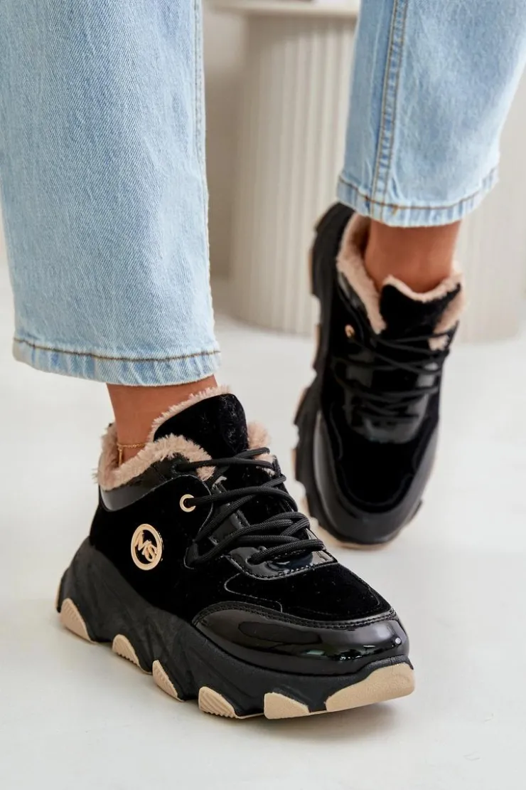 Boto Sneakersy Damskie|Botki Sznurowane*Damskie Buty Sportowe Sznurowane Ocieplane Na Platformie Czarne Verioras