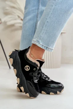 Boto Sneakersy Damskie|Botki Sznurowane*Damskie Buty Sportowe Sznurowane Ocieplane Na Platformie Czarne Verioras