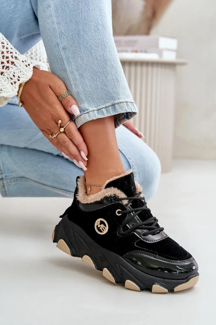 Boto Sneakersy Damskie|Botki Sznurowane*Damskie Buty Sportowe Sznurowane Ocieplane Na Platformie Czarne Verioras