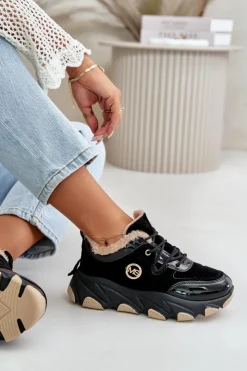 Boto Sneakersy Damskie|Botki Sznurowane*Damskie Buty Sportowe Sznurowane Ocieplane Na Platformie Czarne Verioras