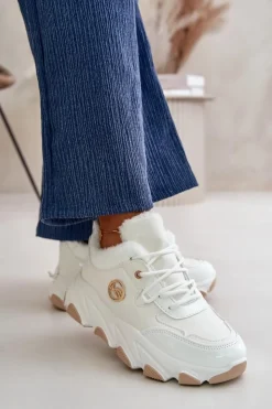 Boto Damskie Buty Sportowe Sznurowane Ocieplane Na Platformie Białe Verioras Biały