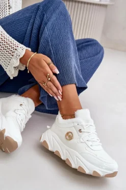 Boto Damskie Buty Sportowe Sznurowane Ocieplane Na Platformie Białe Verioras Biały