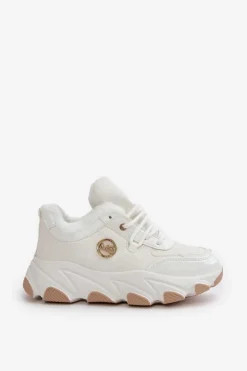 Boto Damskie Buty Sportowe Sznurowane Ocieplane Na Platformie Białe Verioras Biały