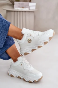 Boto Damskie Buty Sportowe Sznurowane Ocieplane Na Platformie Białe Verioras Biały