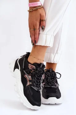 Damskie Boto Damskie Buty Sportowe Sznurowane Na Platformie Czarne Minea