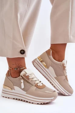 Hot Boto Damskie Buty Sportowe Z Ozdobnym Zamkiem Beżowe Cairo