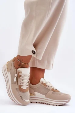 Hot Boto Damskie Buty Sportowe Z Ozdobnym Zamkiem Beżowe Cairo