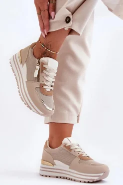 Hot Boto Damskie Buty Sportowe Z Ozdobnym Zamkiem Beżowe Cairo