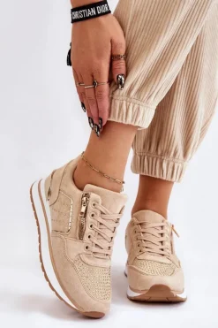 Hot Boto Damskie Buty Sportowe Z Ozdobnym Zamkiem Beżowe Adrea