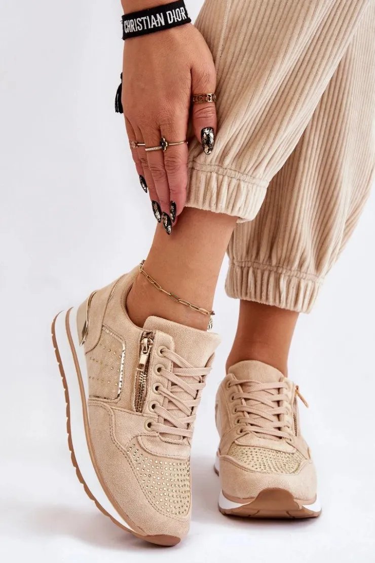 Hot Boto Damskie Buty Sportowe Z Ozdobnym Zamkiem Beżowe Adrea