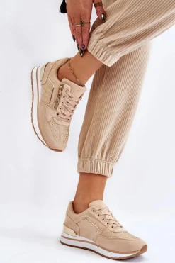 Hot Boto Damskie Buty Sportowe Z Ozdobnym Zamkiem Beżowe Adrea