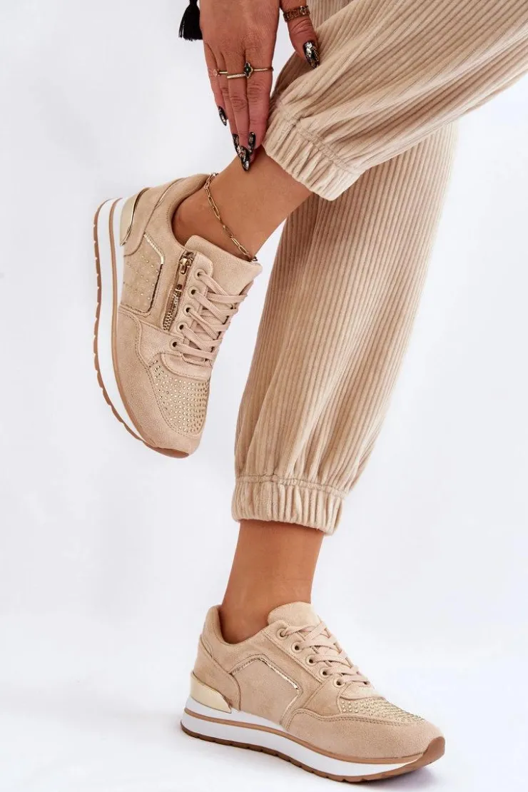 Hot Boto Damskie Buty Sportowe Z Ozdobnym Zamkiem Beżowe Adrea