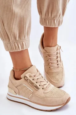 Hot Boto Damskie Buty Sportowe Z Ozdobnym Zamkiem Beżowe Adrea