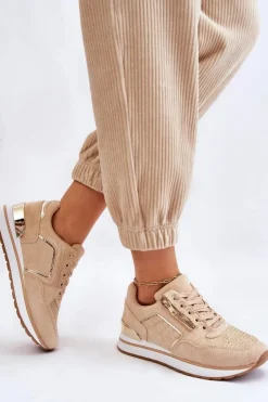 Hot Boto Damskie Buty Sportowe Z Ozdobnym Zamkiem Beżowe Adrea