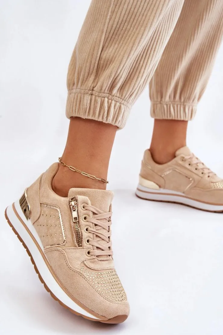 Hot Boto Damskie Buty Sportowe Z Ozdobnym Zamkiem Beżowe Adrea