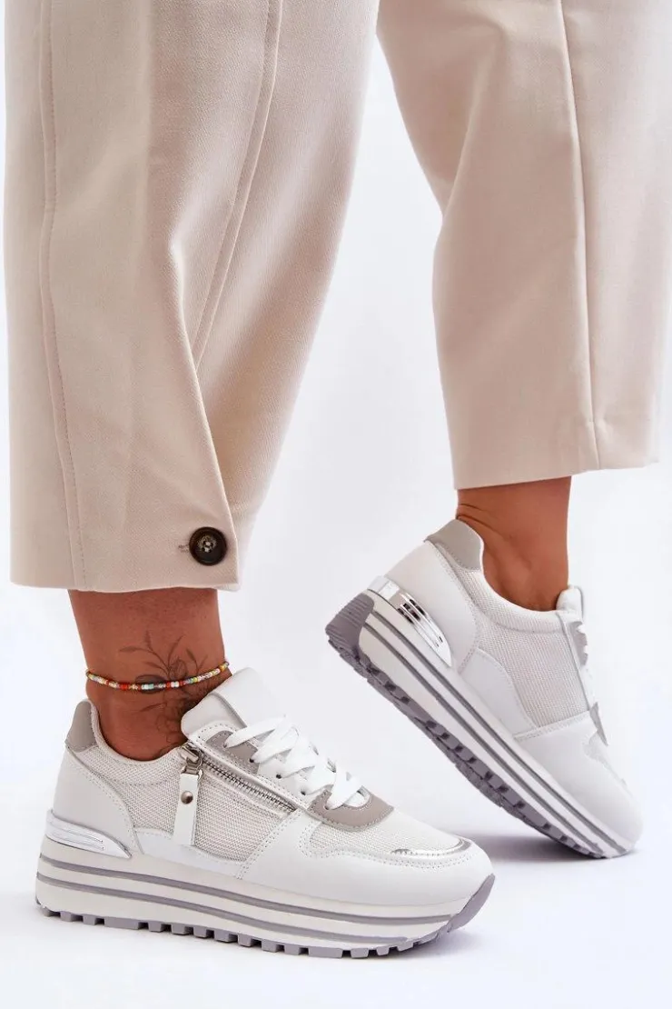 Boto Buty Sportowe Na Platformie|Sneakersy Damskie*Damskie Buty Sportowe Z Ozdobnym Zamkiem Białe Cairo