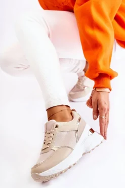 Boto Sneakersy Damskie*Damskie Błyszczące Buty Sportowe Na Koturnie Beżowe Activity
