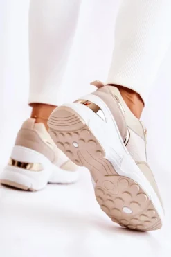 Boto Sneakersy Damskie*Damskie Błyszczące Buty Sportowe Na Koturnie Beżowe Activity