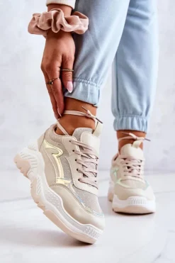 Boto Sneakersy Damskie*Damskie Błyszczące Sneakersy Beżowe Callisto
