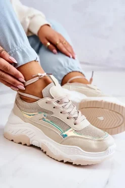 Boto Sneakersy Damskie*Damskie Błyszczące Sneakersy Beżowe Callisto