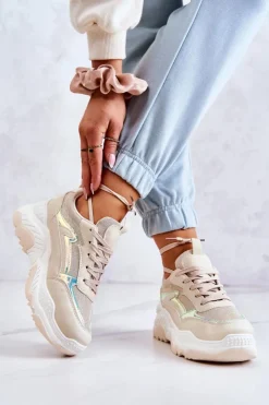 Boto Sneakersy Damskie*Damskie Błyszczące Sneakersy Beżowe Callisto