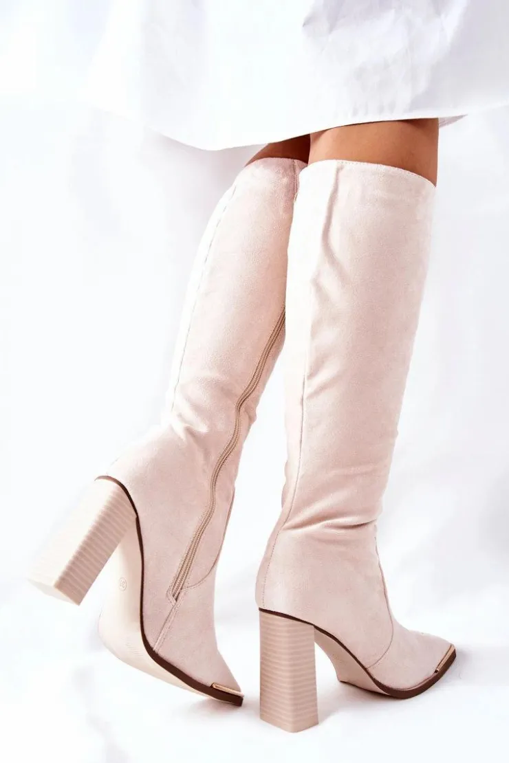 Outlet Boto Damskie Ciepłe Kozaki Złoty Nosek Beżowe Puentos