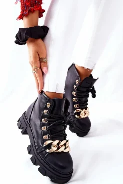 Discount Boto Damskie Ciepłe Trapery Botki z Łańcuchem Czarne Labri