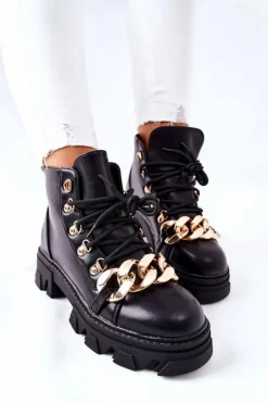 Discount Boto Damskie Ciepłe Trapery Botki z Łańcuchem Czarne Labri