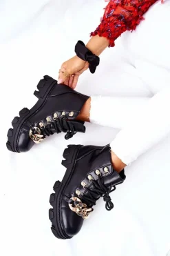 Discount Boto Damskie Ciepłe Trapery Botki z Łańcuchem Czarne Labri