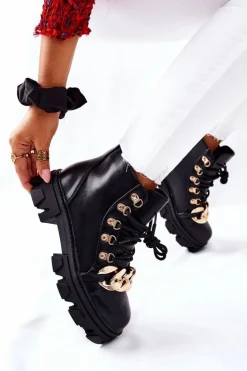 Discount Boto Damskie Ciepłe Trapery Botki z Łańcuchem Czarne Labri