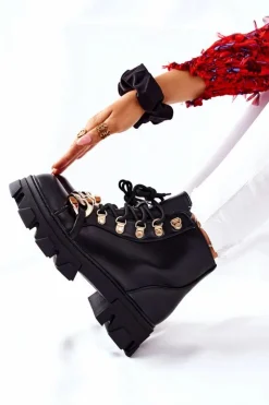 Discount Boto Damskie Ciepłe Trapery Botki z Łańcuchem Czarne Labri