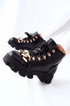 Discount Boto Damskie Ciepłe Trapery Botki z Łańcuchem Czarne Labri