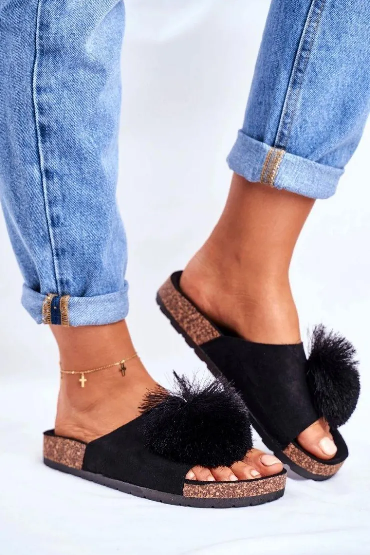 Outlet Boto Damskie Czarne Klapki Na Korku z Pomponem Galaxo