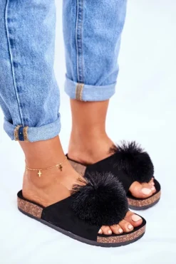 Outlet Boto Damskie Czarne Klapki Na Korku z Pomponem Galaxo