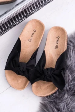 Damskie Boto Damskie Czarne Klapki Na Korku Kokarda Dominica