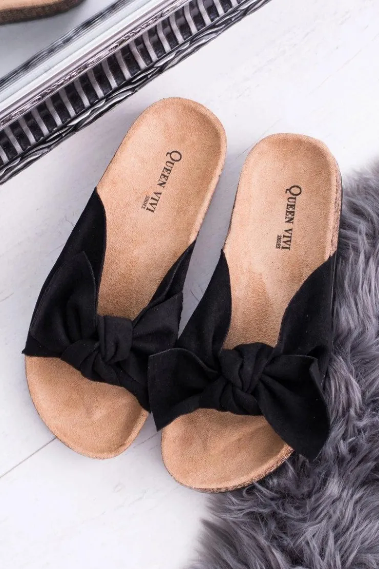 Damskie Boto Damskie Czarne Klapki Na Korku Kokarda Dominica