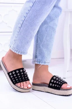 Damskie Boto Damskie Czarne Klapki z Cyrkoniami Orto