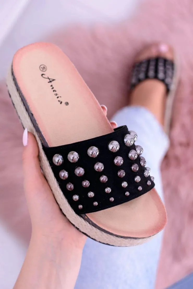 Damskie Boto Damskie Czarne Klapki z Cyrkoniami Orto