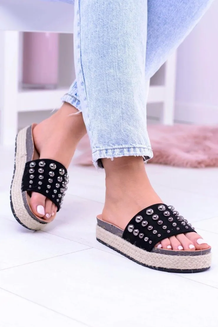 Damskie Boto Damskie Czarne Klapki z Cyrkoniami Orto