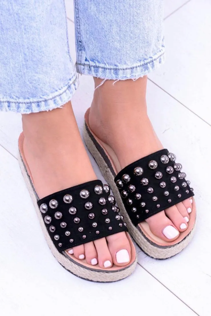 Damskie Boto Damskie Czarne Klapki z Cyrkoniami Orto