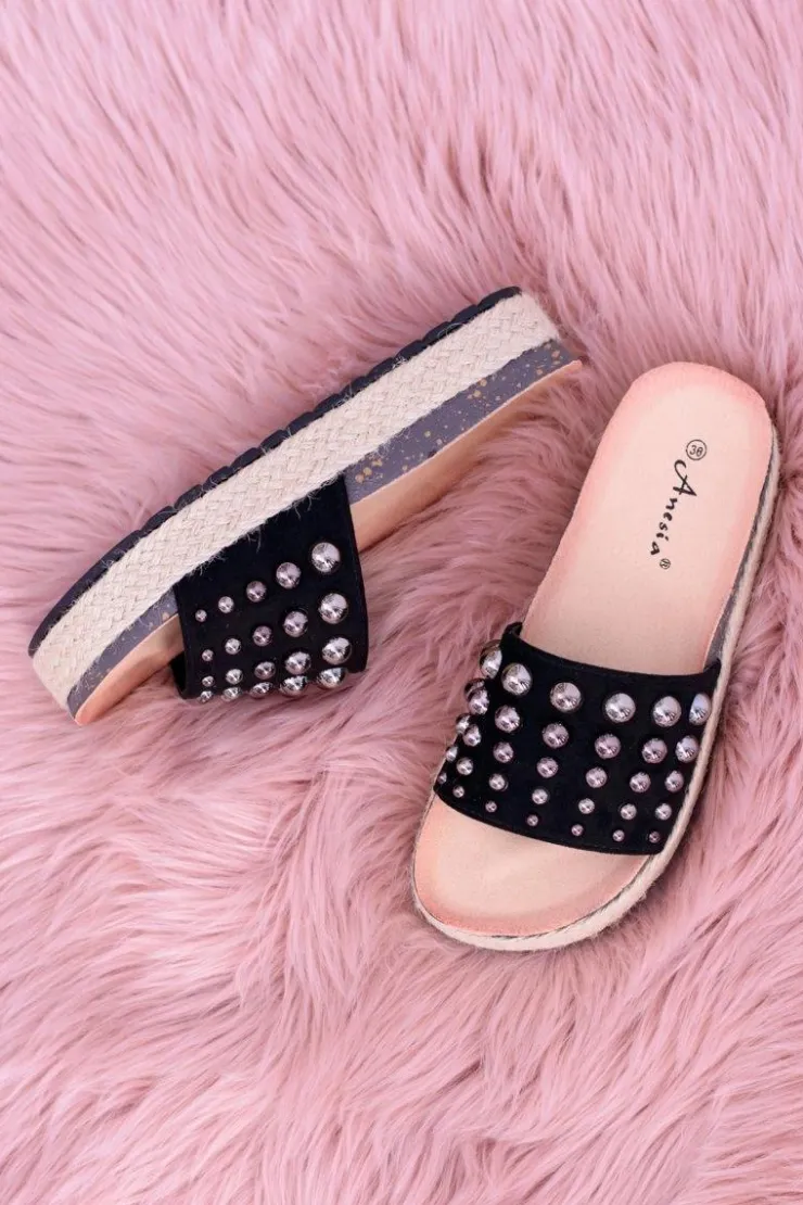 Damskie Boto Damskie Czarne Klapki z Cyrkoniami Orto