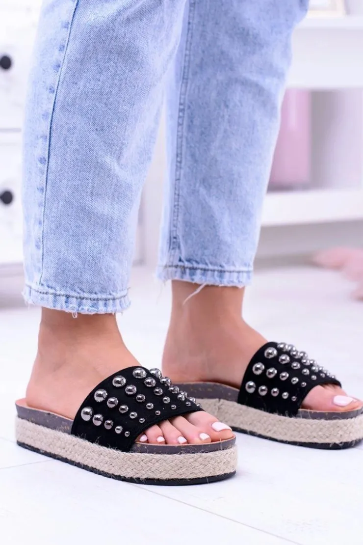 Damskie Boto Damskie Czarne Klapki z Cyrkoniami Orto