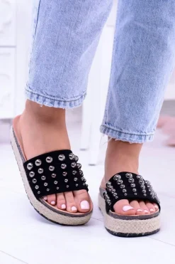 Damskie Boto Damskie Czarne Klapki z Cyrkoniami Orto