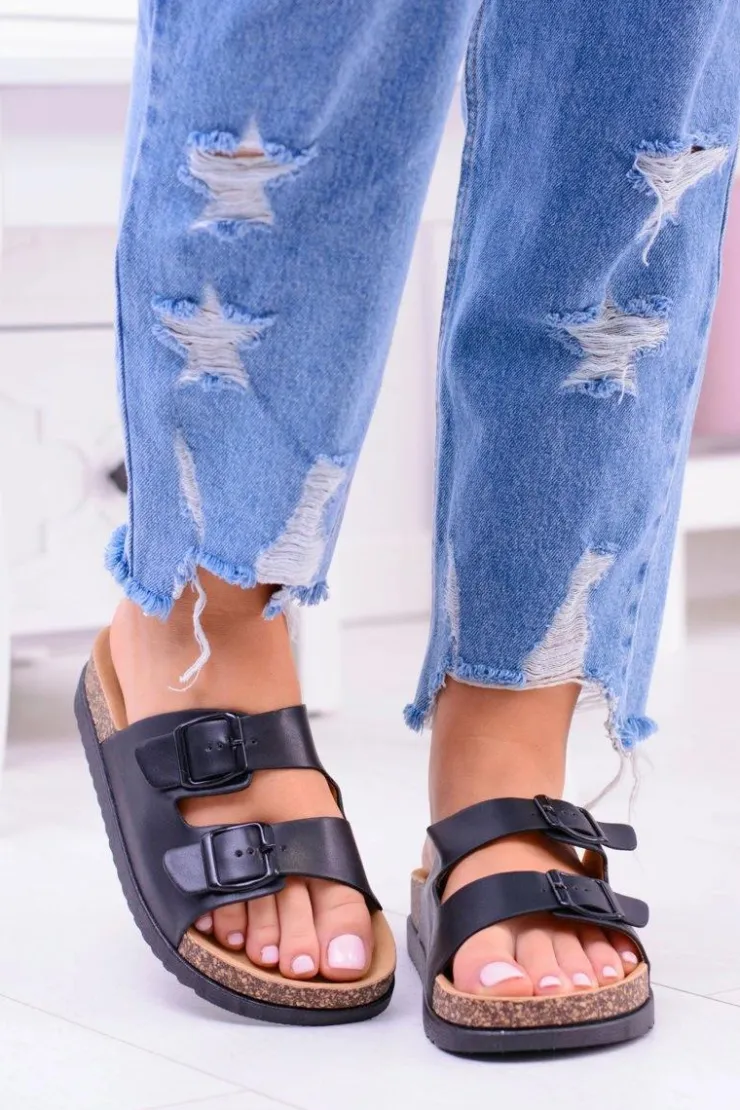 Damskie Boto Damskie Czarne Klapki Z Klamrami Na Korku Ferone