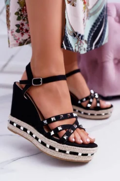 Damskie Boto Damskie Czarne Sandały Na Koturnie Ćwieki Amare