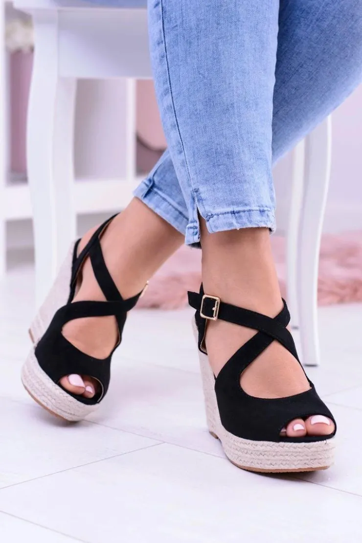 New Boto Damskie Czarne Sandały Na Koturnie Espadryle Elonore