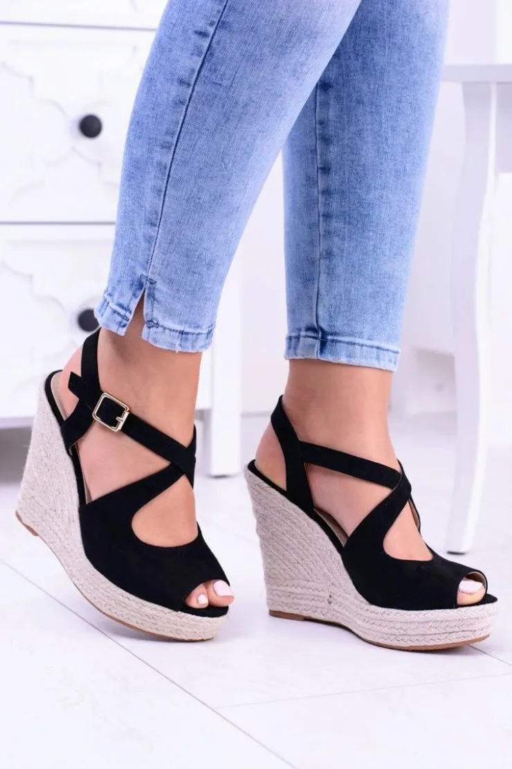 New Boto Damskie Czarne Sandały Na Koturnie Espadryle Elonore