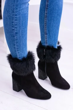 Damskie Laura Messi Damskie Czarne Zamszowe Botki Z Futrem 1689