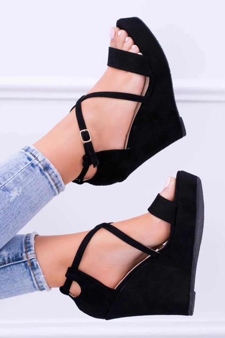 Boto Sandały Na Koturnie*Damskie Czarne Zamszowe Sandały Na Koturnie Eline