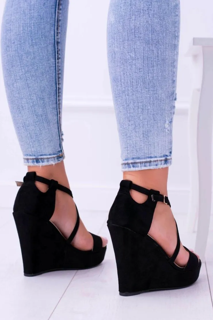 Boto Sandały Na Koturnie*Damskie Czarne Zamszowe Sandały Na Koturnie Eline